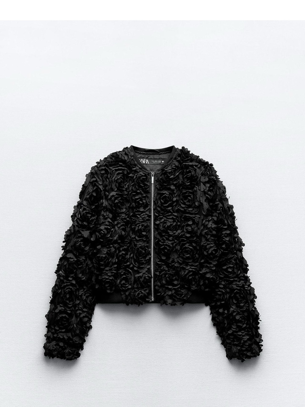 Zara Black Floral Structured Cropped Bomber Jacket, M